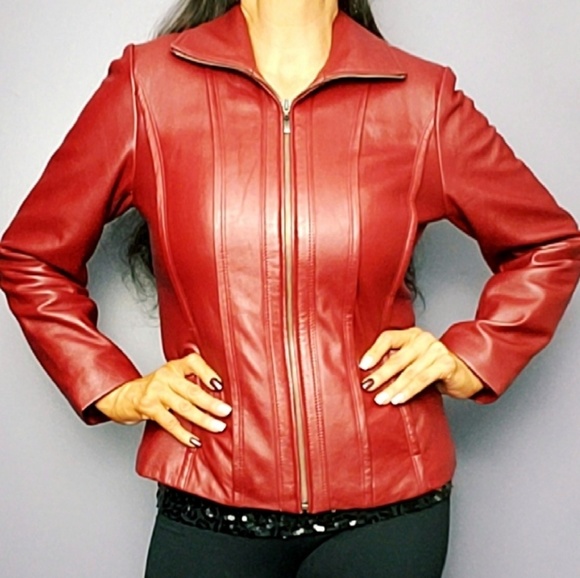 Kenneth Cole Jacket Coat Leather Zip Front Red - Picture 6 of 7